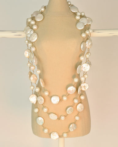 Triple Strand Coin Pearl & Round Pearl Gold-filled Necklace