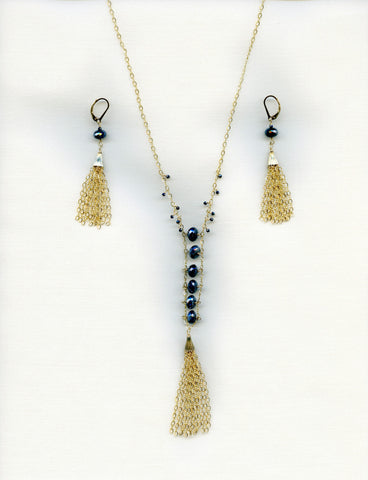 Custom Gold-filled Tassel Moss Aquamarine necklace & earrings