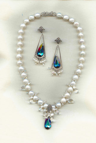 Custom Bridal Pearl & Swarovski crystal Art Deco Necklace & Earrings