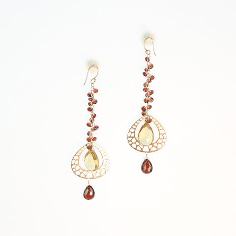 Sterling Silver drop with Garnets & Champagne Quartz Earrings