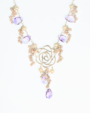 Amethyst & Pearl Rose Sterling Silver Necklace