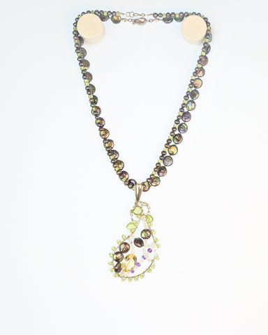SET:  Multi Gem & Pearl Necklaces with Paisley removable Drop