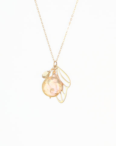 Butterfly wing charm, Champagne Quartz & Pearl Necklace