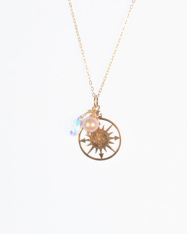 Compass Charm, Pearl & Swarovski drop Necklace