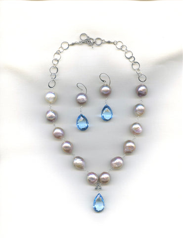 Custom Blue Topaz & natural Pearl necklace & earrings